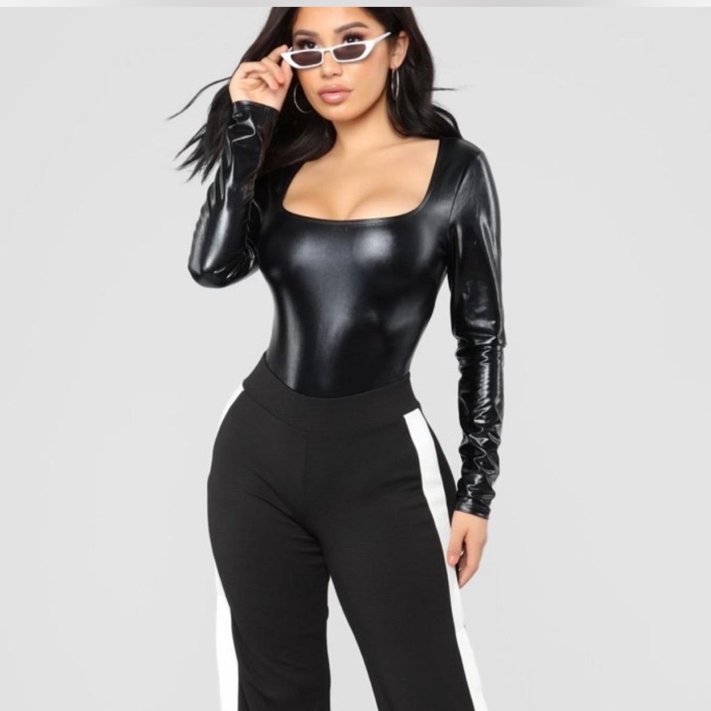 Fashion Nova Black Faux Leather Bodysuit